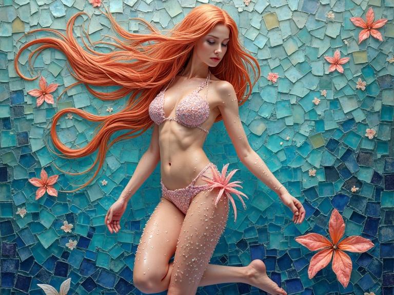 A figure of a woman with long red hair poses against a mosaic of ceramic tiles and glass. The attire appears as a bikini made of iridescent materials. The background features abstract design elements and floral motifs. The scene conveys an ethereal and artistic theme.
