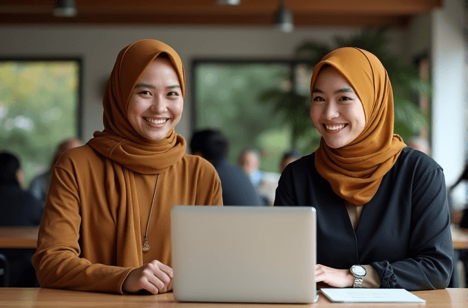 Two women wearing hijabs sit at a table in front of a laptop, smiling in a warmly lit room.