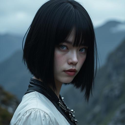 Female with straight black hair. Shoulder-length chic haircut. White blouse. Arched eyebrow. Blue eyes with a cold expression. Dark mountain background. Fantasy art style. Leather bandolier across the chest.