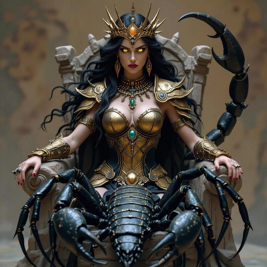 Resin sculpture depicting a Scorpio-inspired goddess. Half woman and half scorpion. Human torso covered in worn golden armor. Lower half is a giant scorpion. Sharp legs and raised, curved tail. Wearing a spiked war crown. Long flowing hair. Necklace of bones or metal. Seated on a stone throne with a firm posture. Majestic and fierce expression in the glowing eyes.
