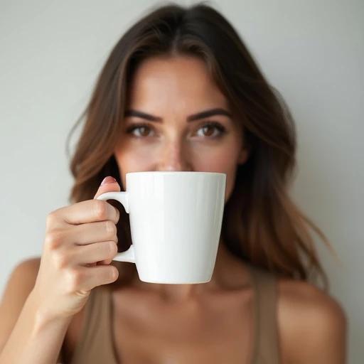 Attractive brunette woman holds white mug. She drinks from the mug using her right hand. The image has a product mockup style. The background is soft and neutral.