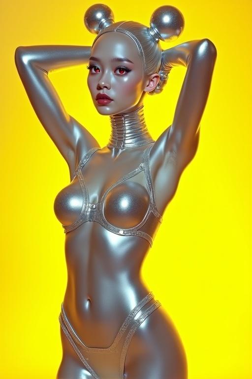 Realistic high fashion photograph of a character inspired by Sailor Moon. Character in glistening silver form with shiny skin and hair. Hair styled in two top buns. Large red expressive eyes stand out against a bright yellow background. Slender athletic build with arms raised above head. Wears minimal silver lingerie with metallic straps. Artwork features detailed sparkling highlights and suggests motion and energy.