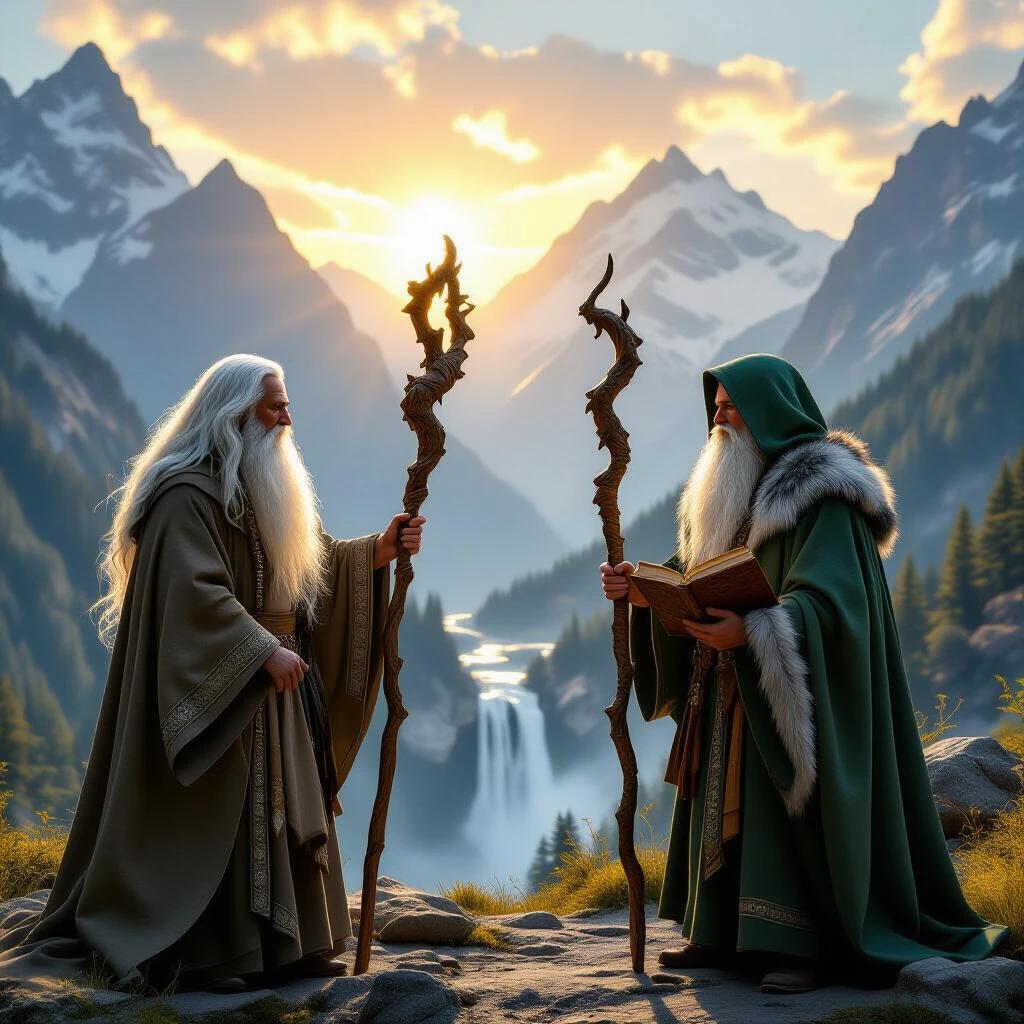 Create a sunrise image featuring two wise old men in a majestic mountain landscape. One man has long white hair and beard holding a carved wooden staff. The other figure wears deep green robes and a wolf fur cloak, carrying an ancient tome. Bright lighting and golden glow add to the hyper-realistic scene.