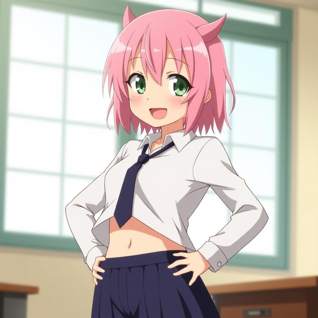 The image shows a cute anime character with pink hair and small horns. Character has green eyes and wears a school uniform. The character is in a classroom. Natural light from a window highlights her expression. She stands with her hands on her hips, smiling confidently.