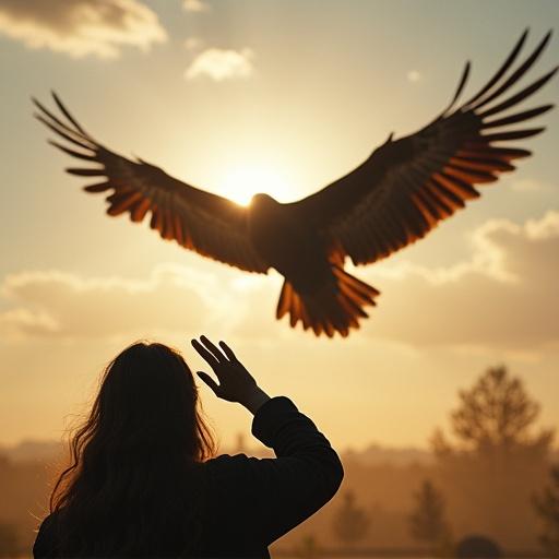POV of a person shielding their face from the sun with one hand. A gigantic Argentavis bird dives from the sky, casting a huge shadow, wings outstretched. Intense aerial threat.