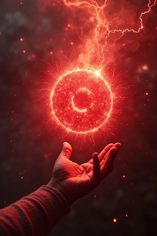 A hand reaches out to touch a red glowing symbol. Energy pulses outward creating a dynamic effect.