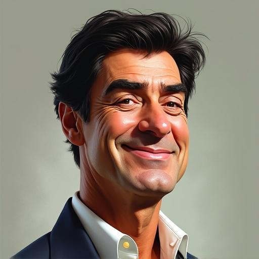 Caricature of a smiling man with a well-groomed hairstyle and a relaxed demeanor. Focus on exaggerated facial features.