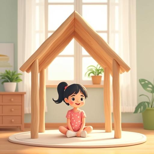 Indoor playhouse built by a child. Structure has five wooden posts. Little girl sits cross-legged inside. She has short black ponytail. Wears pink dress with white polka dots. Happy and peaceful expression. Off-white round rug underneath. Sunlight comes through window. White curtains and potted plant visible.