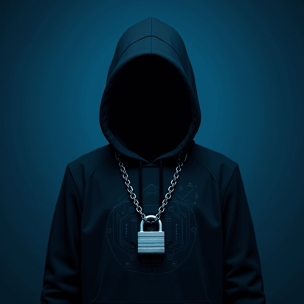 A mysterious hooded figure with a padlock necklace stands against a dark, enigmatic background.