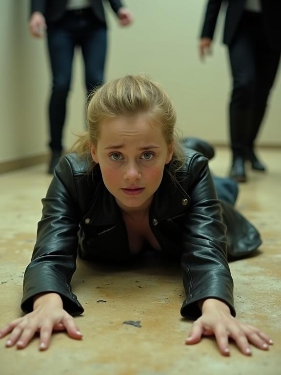 A young woman lies on the light beige floor. She wears a black leather biker coat and has blonde hair. Her expression shows fear and she is crying. Arms outstretched as if she has fallen. Background features blurred figures in dark clothing suggesting urgency. Lighting creates drama and focus on the subject. A realistic style that fits a film scene. The angle is from above to highlight her position.