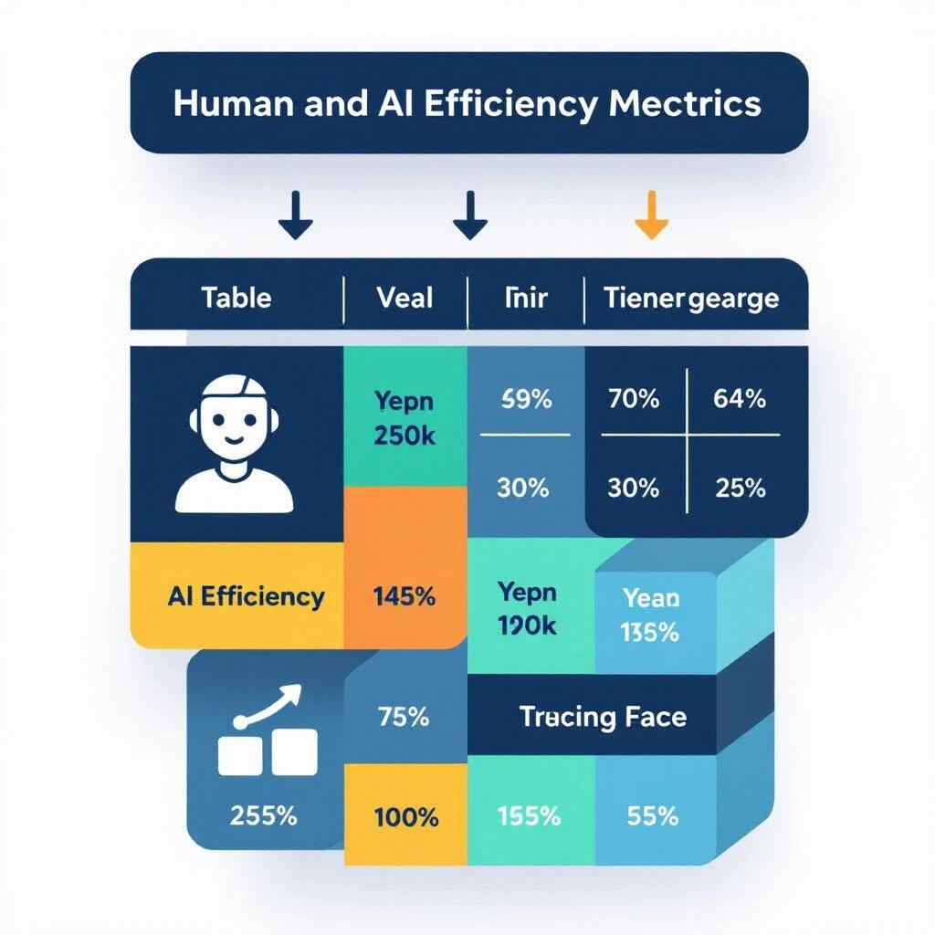 Create a diagram featuring a table comparing Human and AI efficiency metrics over three years. Use boxes and arrows for clarity without any text.