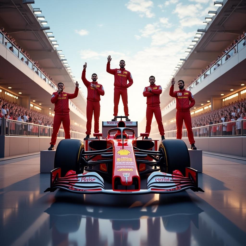 Podium stage featuring a Formula One racing car. Multiple team members celebrate victory. Crowd in the background creates an exciting atmosphere. Dramatic lighting emphasizes the scene.