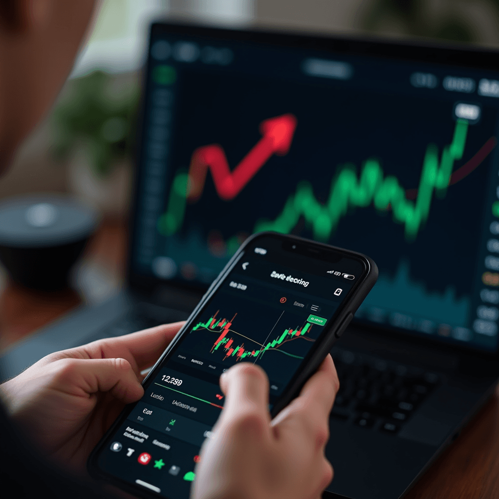 A person is closely monitoring financial trading charts on a smartphone and laptop, showing upward trends and analytics.