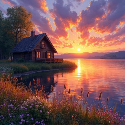 Stunning landscape painting of a cozy wooden hut beside a calm lake at sunset. Digital oil painting in vibrant Post-impressionistic style. Expressive brushstrokes with dramatic orange and purple sky reflecting in the water. Tall glowing reeds and colorful flowers in the foreground. Golden hour lighting.