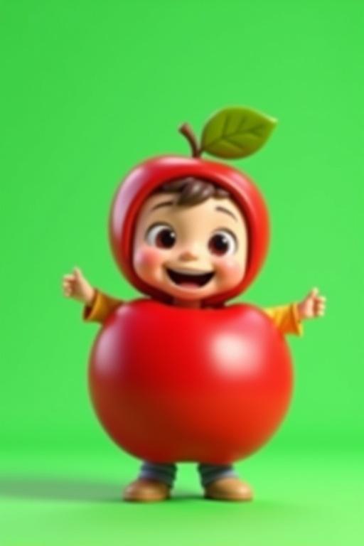 Young boy in apple costume on green screen. Costume is shiny and round. Green leaf and stem on head. Boy's face is joyful and excited. Arms are waving. Playful pose. Soft lighting and smooth textures.