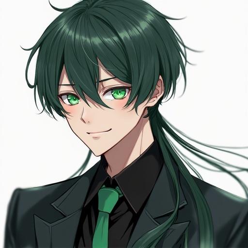 Character design featuring a male in a black suit with green eyes