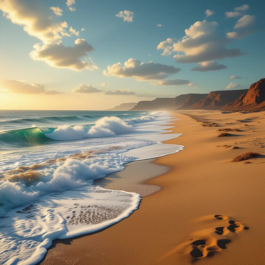 Surreal landscape depicts ocean merging with desert. Waves crash onto sandy shores. Hyper-realistic details capture warmth and beauty. Cinematic scene evokes tranquility. 8K resolution highlights clarity and depth.