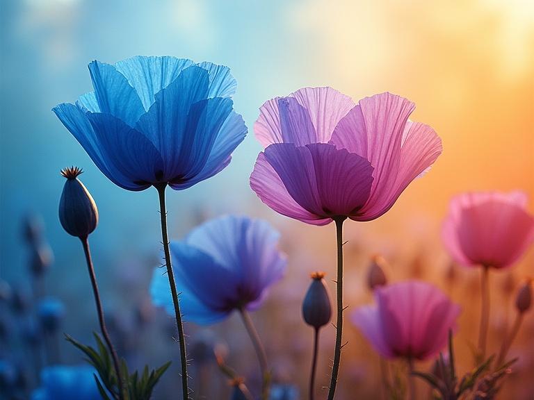 Scene features blue and pink poppies against a gradient background. Vivid colors transition from blue to fuchsia and orange. The flowers exude elegance and intrigue, creating a reflective visual mood. Double exposure effect enhances the beauty.