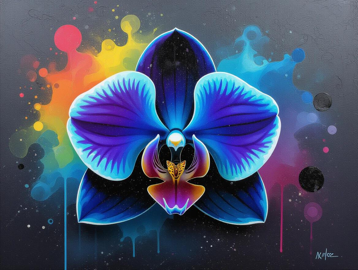Sculptural painting extreme impasto. Divine orchid forged from matte black lava and liquid neon light. Massive thick brushstrokes.