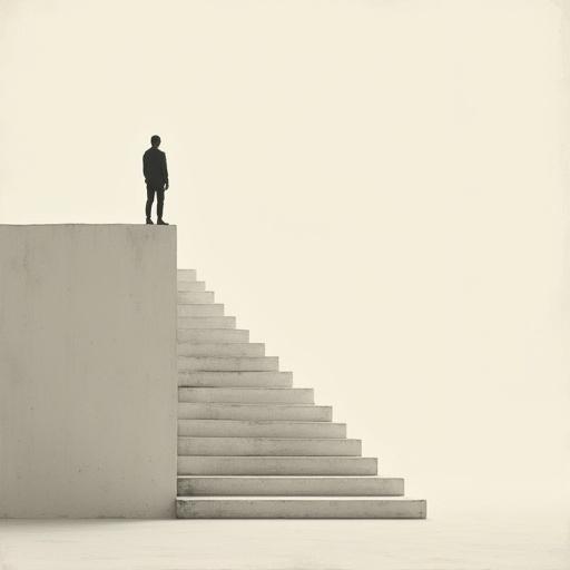 Minimalist tiny human standing at the edge of a vast empty staircase. Surreal conceptual illustration style with oversized objects. Clean background and vast negative space create an elegant composition. Features a subtle grain texture and a modern poetic tone.