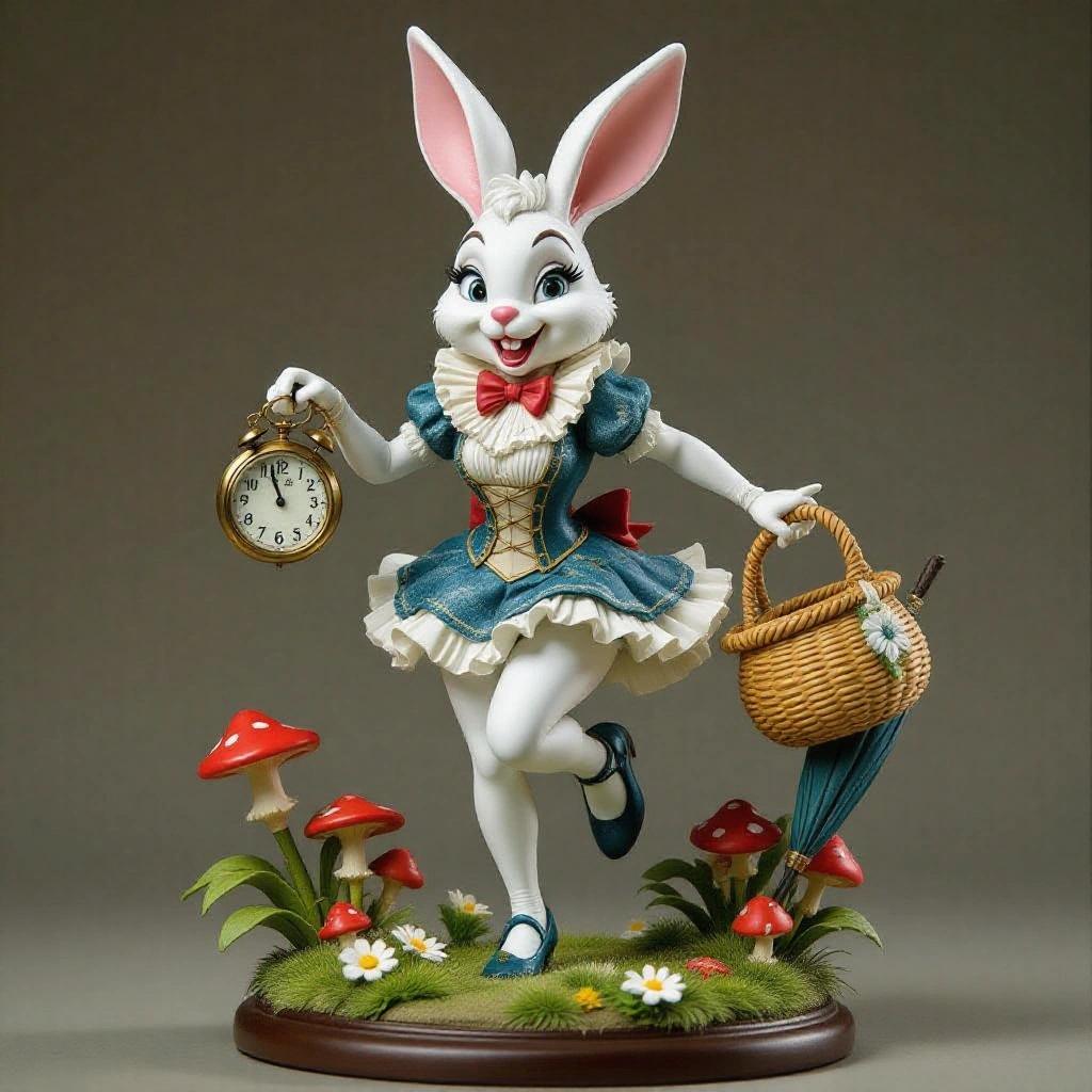 Highly detailed resin sculpture of a stylized bunny woman inspired by the White Rabbit from Wonderland. Figure stands in a dynamic motion, looking at a pocket watch. She wears a corset and jacket with a ruffled skirt. Accessories include an umbrella and a base with gears and flowers.
