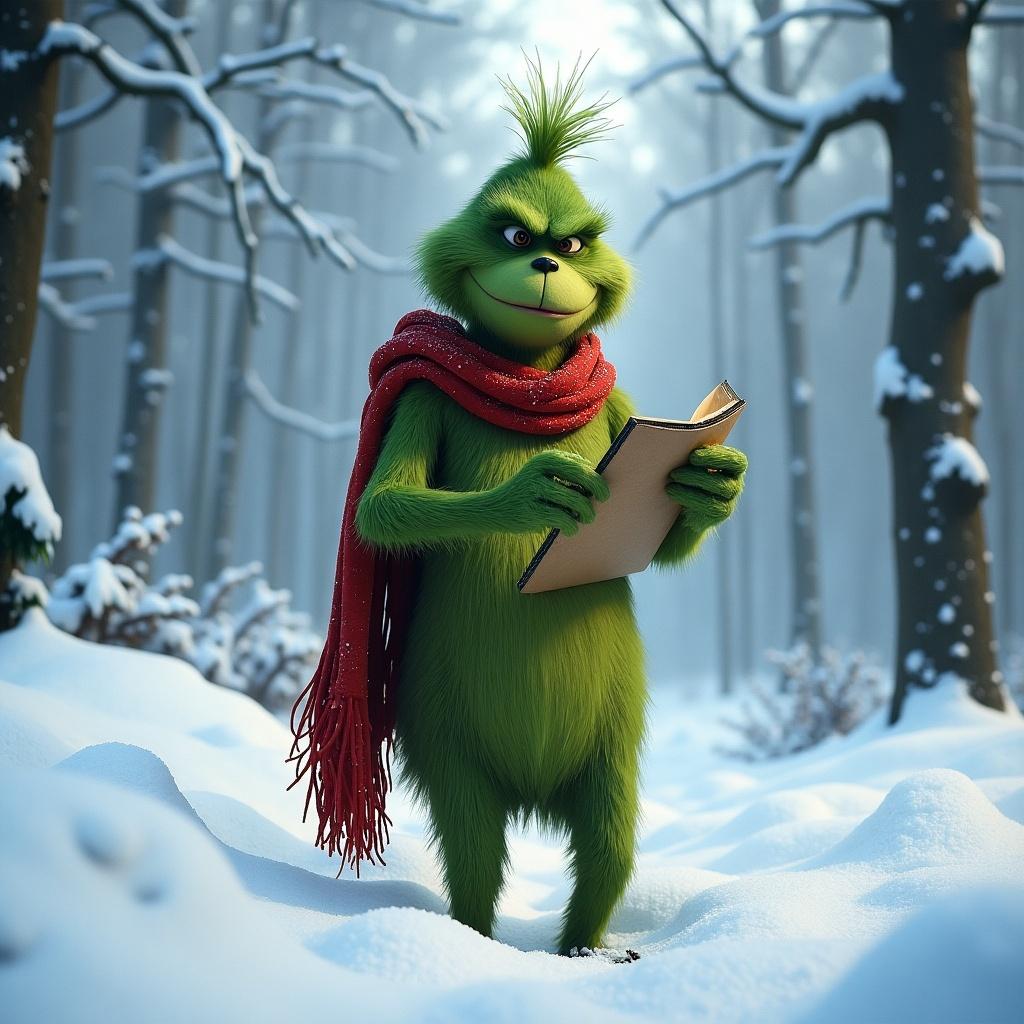 Grinch character writing in the snow. Snow-covered landscape surrounds Green character with a red scarf. Character depicts a playful holiday theme.