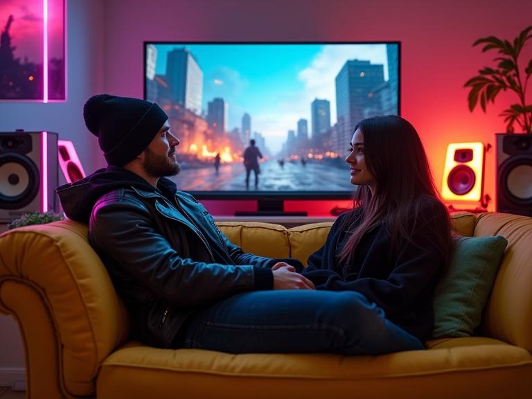 Couple enjoying quality time in a futuristic gaming room. Man and woman sit on a yellow couch. Both wear black beanies and leather jackets. Background shows a battlefield scene displayed on a large screen. Room features neon lights, technology, and a cozy atmosphere.