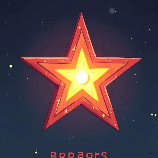 Star with a bold design in red and yellow colors. Central glowing effect. Set against a dark background with stars.