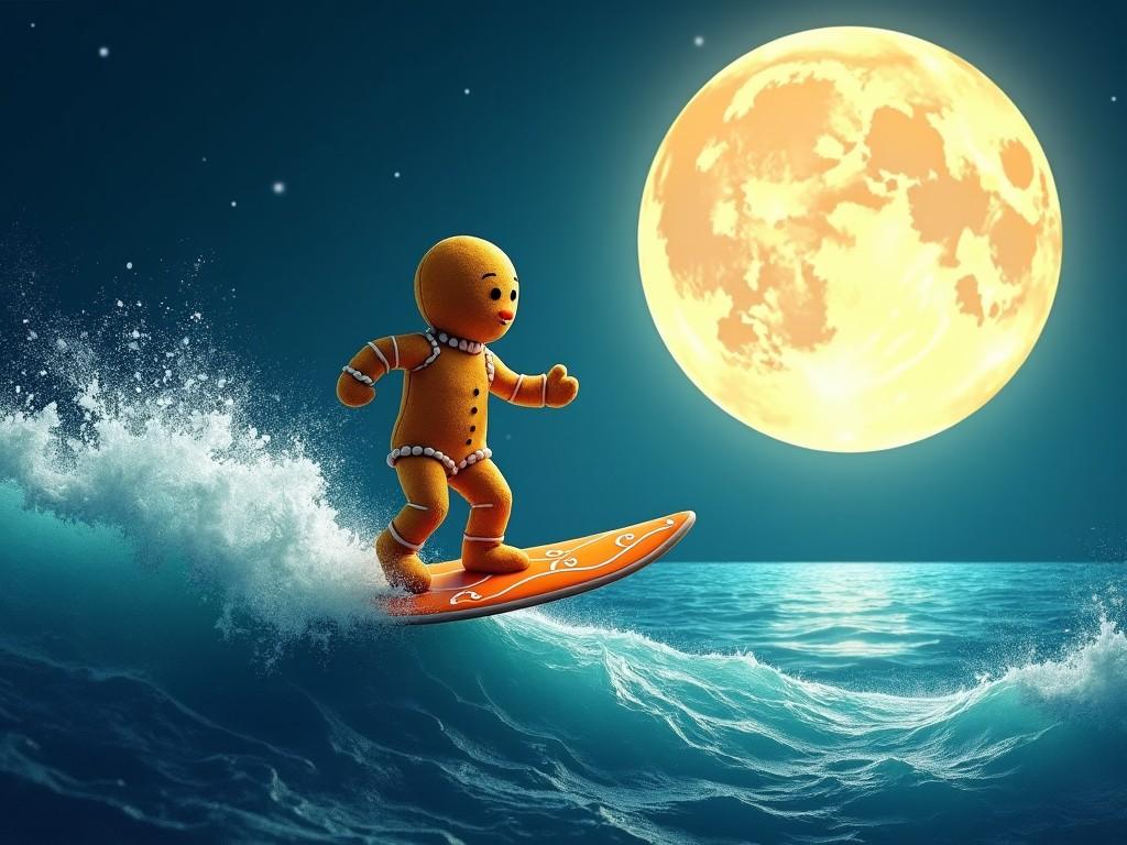 The image features a gingerbread man surfing on a bright orange surfboard amidst bright blue ocean waves. Above him, a large, luminous full moon casts a warm light on the scene. The gingerbread man appears joyful and dynamic as he rides the waves. The ocean has a playful motion, suggesting fun and adventure. This whimsical portrayal combines elements of fantasy and childhood imagination.