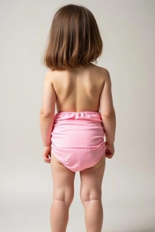 A 7 year old girl stands with her back to the camera wearing a bulky pink disposable diaper. She has average height for her age. The background is simple and neutral. The girl poses naturally.