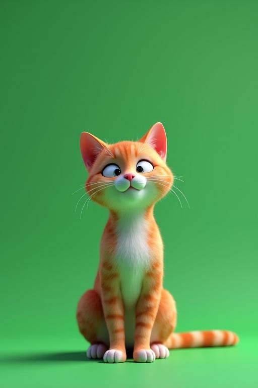Animated cat character made in 3D style on a bright green background