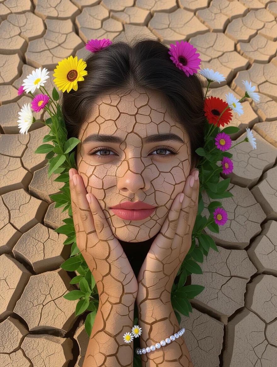 A woman has skin resembling cracked earth. Flowers emerge from her shoulders and surround her face. The hands support her face gently. Nature elements are present throughout the image.