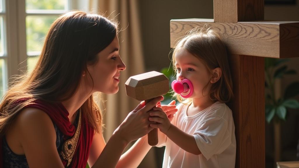 Mother and daughter interact in a playful scene. The child pretends to be a hero while holding a large pacifier. The mother pretends to tap child's hands with a toy hammer. The setting is cozy and inviting, showcasing playfulness and joy. Mother dresses in a costume. This image captures the essence of childhood imagination and creativity.