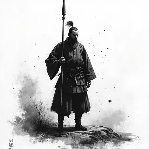 Traditional ink wash style monochrome illustration of a foot soldier from Sengoku period. Soldier stands confidently with spear held vertically. Brave and commanding posture, expressive face showing determination. Brush strokes with texture, gradation, and splashes typical of sumi-e to evoke movement and atmosphere. Blurred background suggests battlefield or landscape to enhance depth and mood. Rendered in black and white, emphasizing historical gravity and dignity.