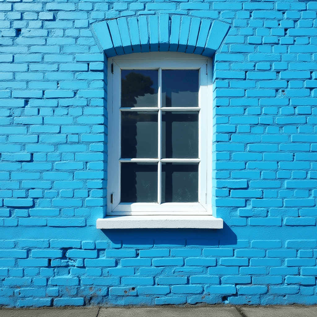 A white-framed window set in a bright blue brick wall.