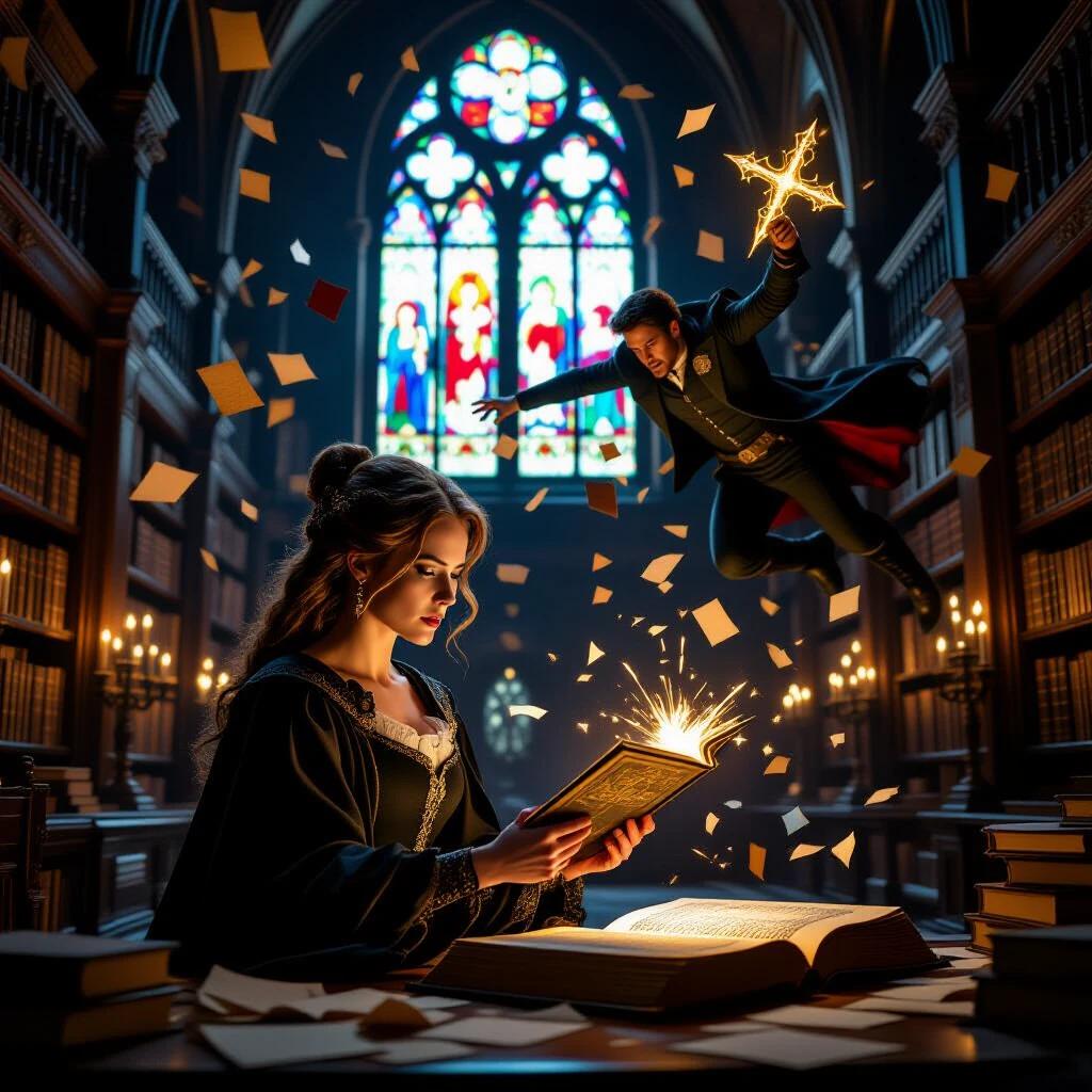 Examination of an illuminated codex in a gothic library. Ancient shelves filled with books. Warm candlelight illuminates the scene. A dramatic stained glass window bursts behind. A character dives through mid-air with a glowing weapon. Shards of glass and scrolls float in the air.