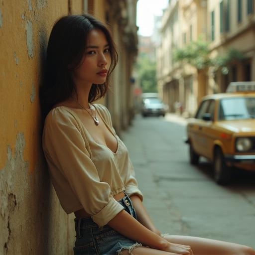 Shot on a vintage Nikon with visible grain. Color graded in warm sepia tones. Young woman in a frayed denim skirt leans against an alley wall. Focus on passing taxi with red taillights. City atmosphere with street food nearby. Girl exhibits a practiced posture as she waits. Sweat-damp fabric and visible client-related anxiety. Sunlight catches a silver pendant at her throat.