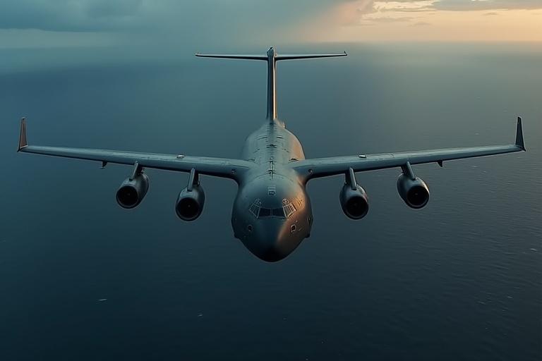 A colossal dark brown military cargo plane styled like a C-17 Globemaster III cruises high above the endless dark blue ocean. Captured from far above and slightly behind the aircraft’s left rear side. Massive swept-back wings and four roaring engines visible. Full length of armored fuselage shown. Elevated angle against the vast ocean stretching to the horizon under a dim sky tinged with orange. The composition conveys scale, solitude, and forward momentum.