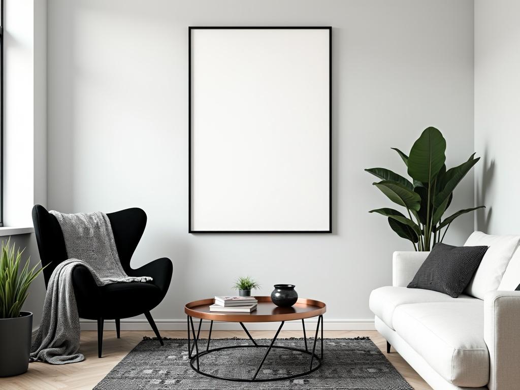 A modern living room featuring a mock-up frame on the wall, ready for artwork or a photograph. The space is elegantly designed with a black and white theme. A cozy black chair sits in the corner, draped with a patterned blanket. There are two plush potted plants adding a touch of greenery to the room. A round coffee table made of copper sits in the middle, adorned with books and a decorative item. A simple black and white rug covers the floor, while a white sofa with pillows completes the inviting atmosphere.