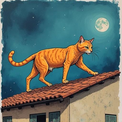 Whimsical scene of an orange tabby cat walking on a roof under a bright full moon. Ink painting style shows detailed fur and expressions. Night sky in blue shades surrounds the scene with a hint of clouds.