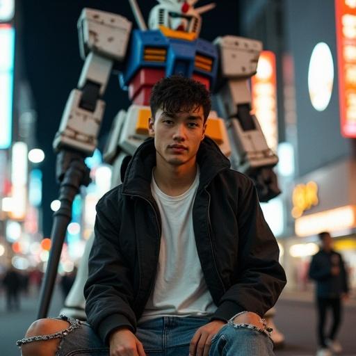 Grunge analog photograph in Tokyo at night. Young man in front of old Gundam robot. Wearing white t-shirt, ripped jeans, bomber jacket, Nike sneakers. Posing like model. Flash used for illumination.