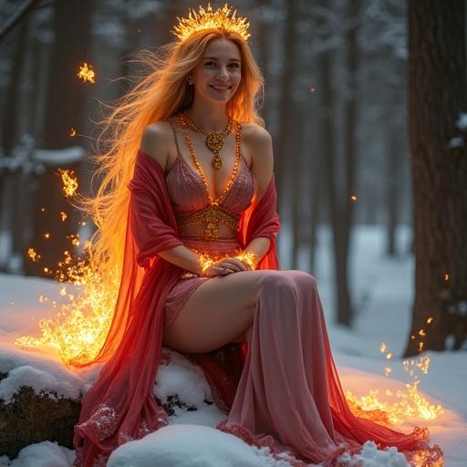 Mature female fire spirit sits gracefully on snow-covered rock in forest. Wears flowing robe of platinum and deep crimson silk. Flames dissolve into fire along robe edges. One shoulder exposed. Asymmetric mini skirt design. Long golden-amber hair flows like fire. Delicate tiara inspired by Greek hearth. Gold and amber lantern-like jewelry adorns neck, arms, waist. Living flame aura surrounds body. Small flame spirits float nearby. Gentle, embracing smile. Scene bathed in mystical twilight light. Three-quarter seated pose looks elegant and natural.
