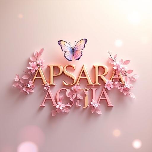Hyperrealistic 3D digital artwork features the name 'APSARA ASIA' in elegant rose gold metallic lettering. Letters are adorned with pastel pink cherry blossoms and iridescent leaves. A translucent butterfly hovers above the central 'I'. Background transitions from pale pink to cream, with rose gold bokeh and gentle lighting.