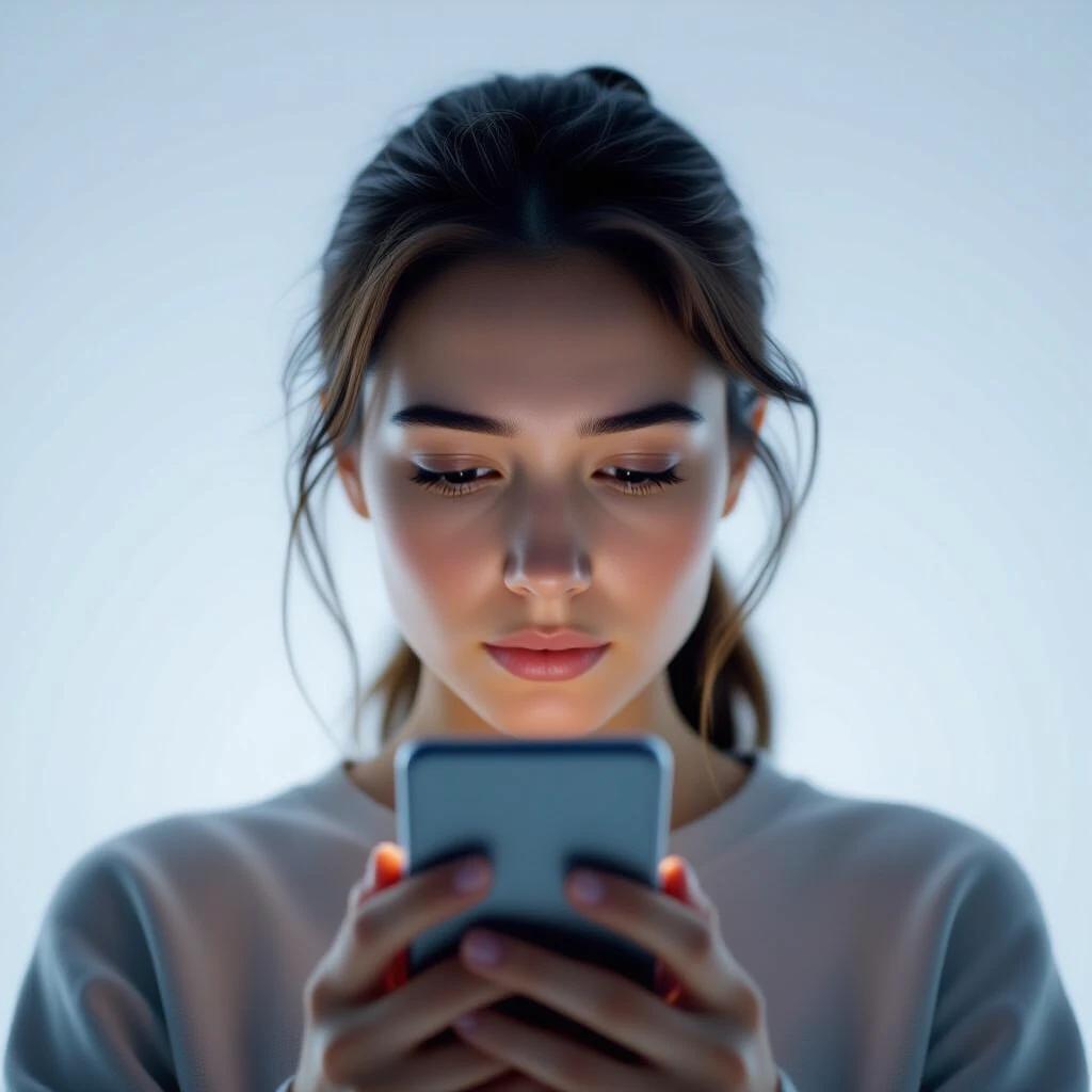 A person's face illuminated only by the light of their smartphone. The expression is blank and passive. This is a cinematic shot with photorealistic detail.