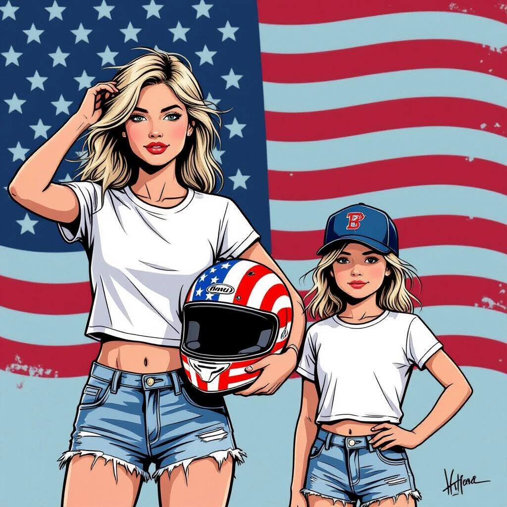 Illustration of two girls standing on a beach. One girl is 19 and the other is 9. Both have platinum blonde hair. The 19-year-old holds a motorcycle helmet with the American flag design. The younger girl wears a baseball cap featuring the same design. Both are barefoot wearing cropped white T-shirts and frayed jeans. Background is an American flag.