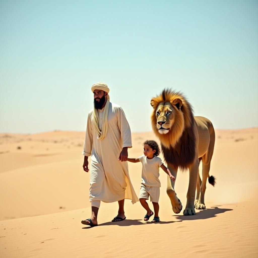 A man in traditional cream attire walks through a desert holding a child's hand. A large lion strides calmly behind them. The landscape is sandy under a blue sky, creating an awe-inspiring atmosphere.