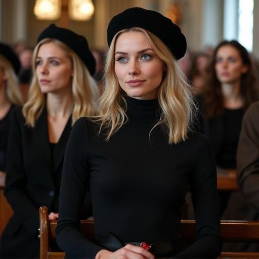 Women with blonde hair and blue eyes are seated in a church. They wear black body suits, black tights, and berets. They hold black shoes and smile ironically. The scene has a sense of elegance and unity.