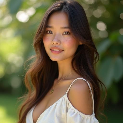 Portrait of a young woman with long brown hair in a lush garden background. Soft natural light enhances her features. She has freckles and bright eyes, dressed elegantly yet simply. The scene is serene, evoking youth and vitality.