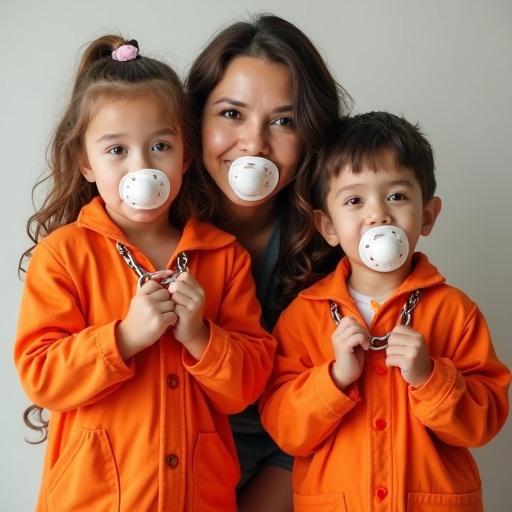 Playful mother poses with two children. Children wear orange jail jumpsuits and handcuffs. All three have oversized pacifiers. Kids display playful expressions.