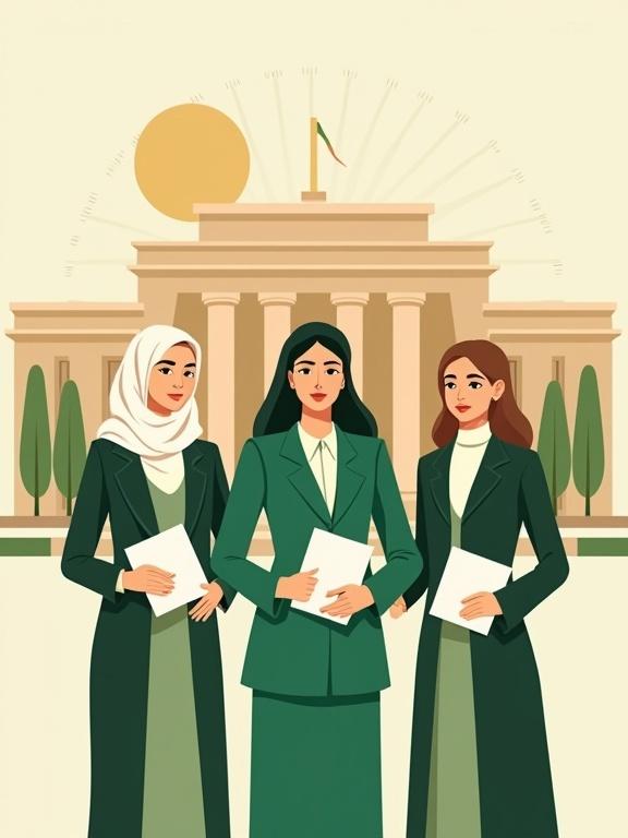 Three women of different ages with elegant outfits stand confidently in front of a government building. One woman wears a veil and a modern green suit. They hold files and documents. Soft green tones are used in the design. Background features sun rays symbolizing leadership. Flat drawing style with clear lines.